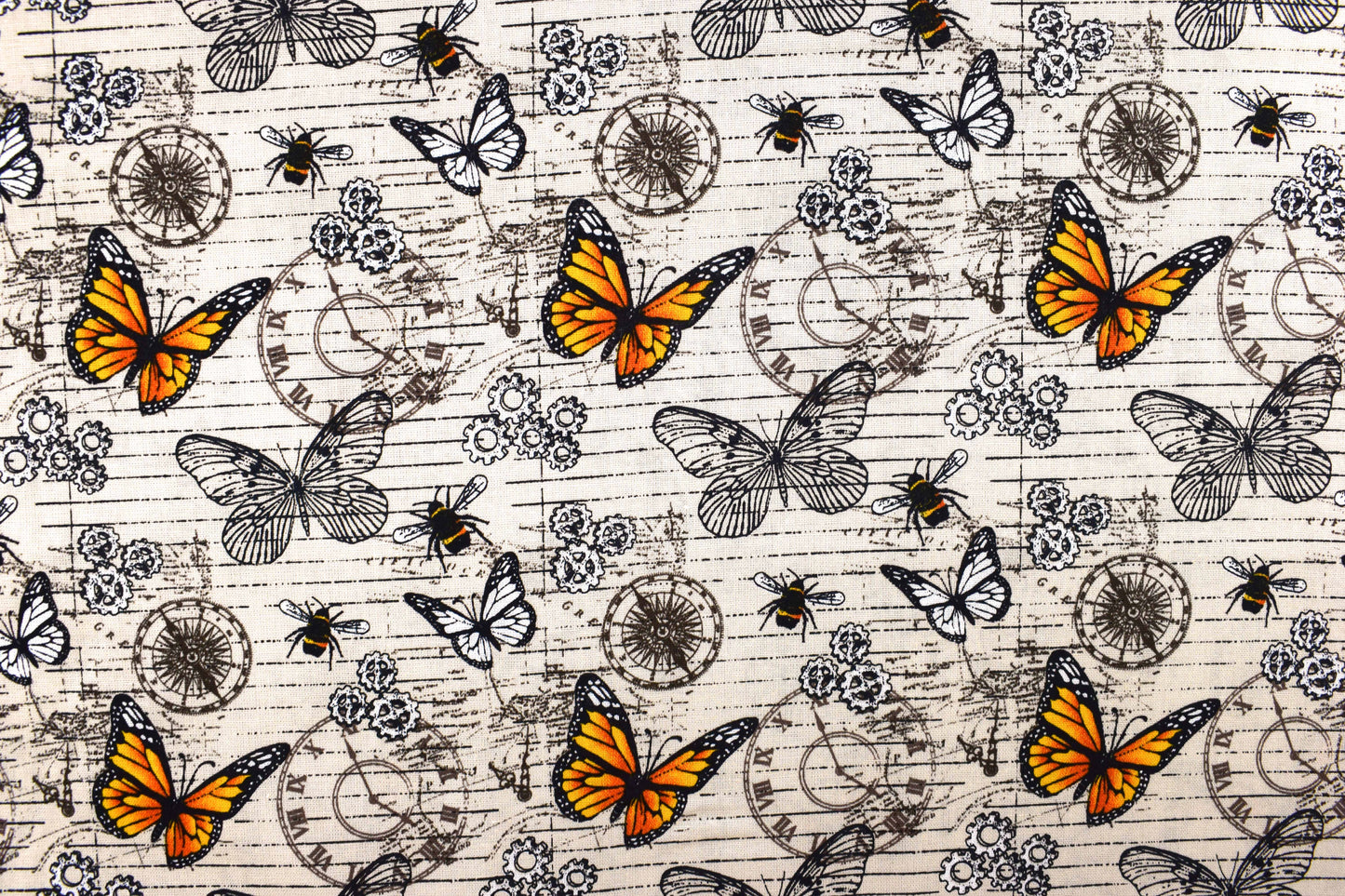 Steampunk clocks and butterflies, Cotton Quilting Fabric, - Price by the Half Metre