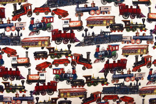 Cream Vintage Toy Trains Cotton Quilting Fabric - Robert Kaufman - Price by Half Metre