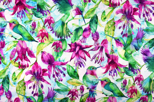 Hummingbird Quilting fabric, Watercolour style print - Price by the Half Metre - The Quilt Sanctuary