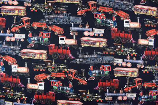 Vintage Toy Trains 100% Cotton Quilting Fabric - Black Background Library of Rarities Robert Kaufman, Price by the Half Metre - The Quilt Sanctuary