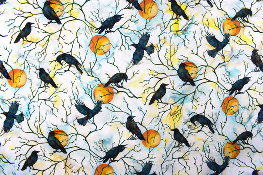 Raven Moon Quilting Fabric - Black Crows & Full Moon Watercolour Cotton - Price per half Metre