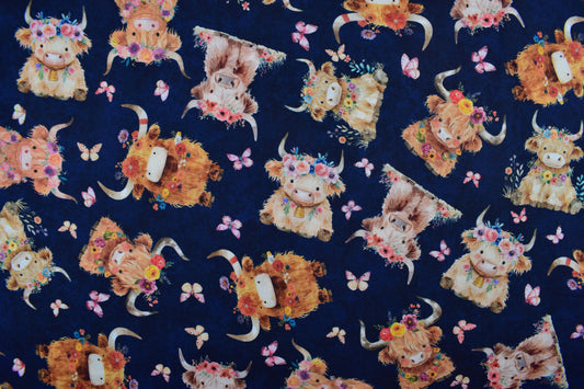curly Highland cow Cotton Quilting fabric - price by the Half Metre