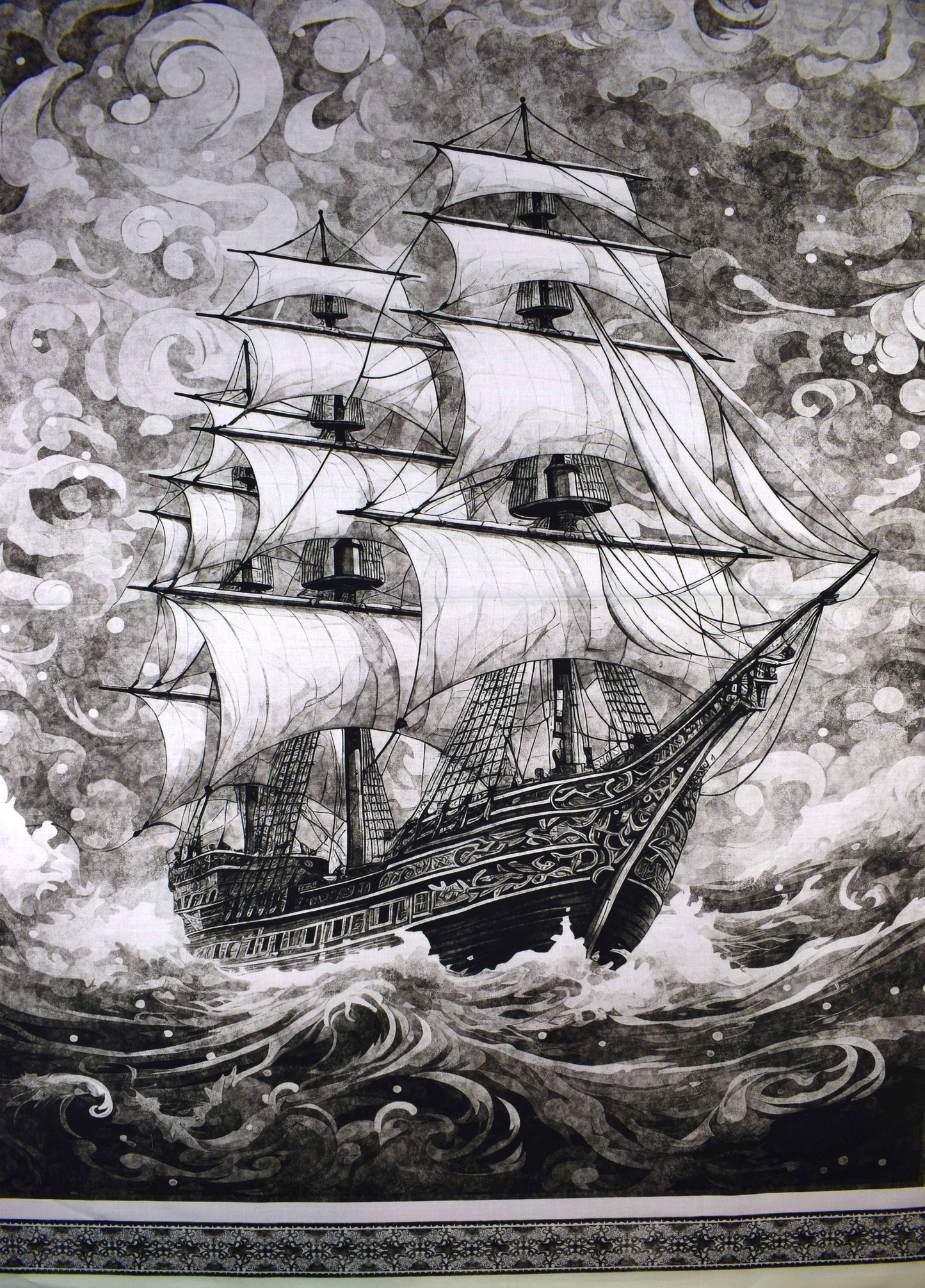 Sailing ship Panel Cotton Fabric, Quilting Panel, Ocean Blue