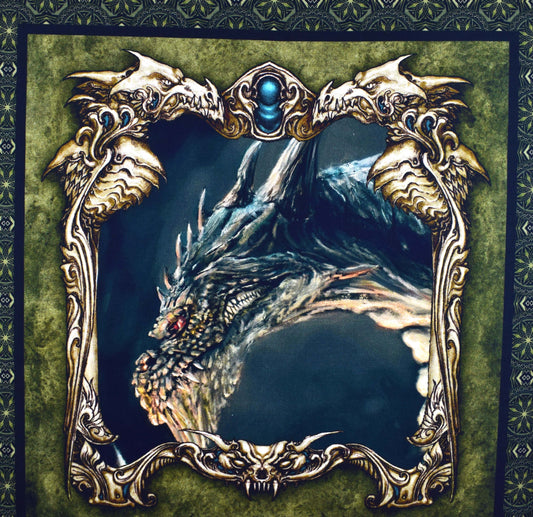 Dragon quilting panel, green dragon heads, Dragon fabric, picture patch - The Quilt Sanctuary