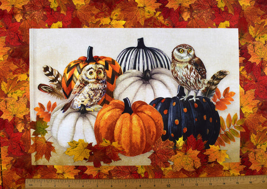 Placemats Panel with Autumn Owl and Pumpkin Fabric for Fall Sewing Projects