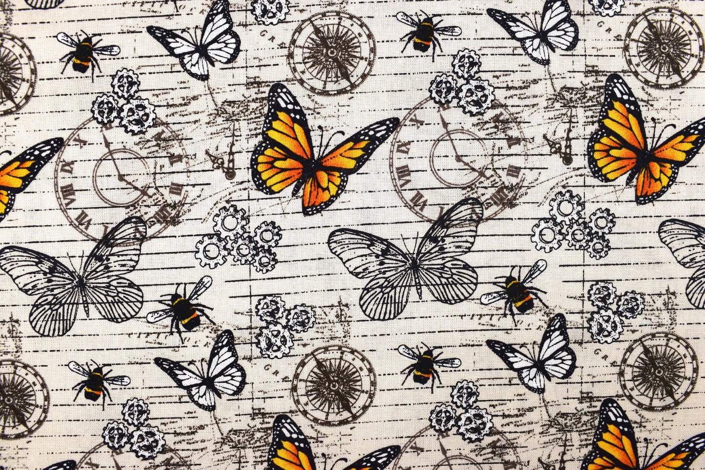 Steampunk clocks and butterflies, Cotton Quilting Fabric, - Price by the Half Metre