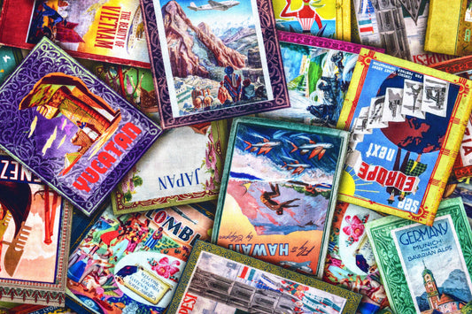 Travel quilting fabric, Vintage Travel stickers, Cotton Fabric, Library of Rarities - Price by the Half Metre - The Quilt Sanctuary