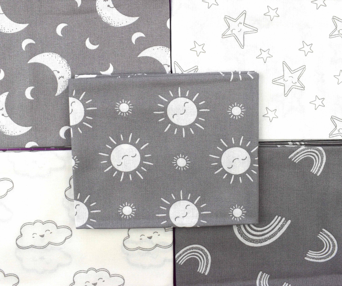 Grey Moon and stars fat Quarter Bundle, childrens fabric, cotton quilting fabric - The Quilt Sanctuary