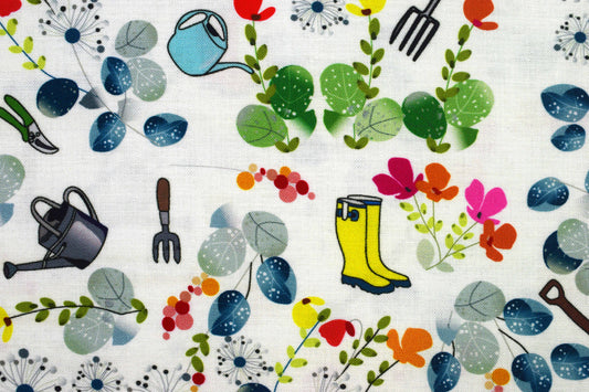 Garden Tools & Flowers Fabric for Quilting and Crafts - Price by Half Metre
