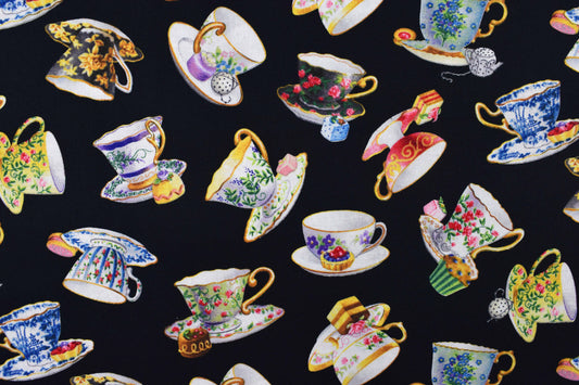 Tea cup quilting fabric, tea cup pattern, Cotton Fabric, fancy tea - Price by the Half Metre - The Quilt Sanctuary