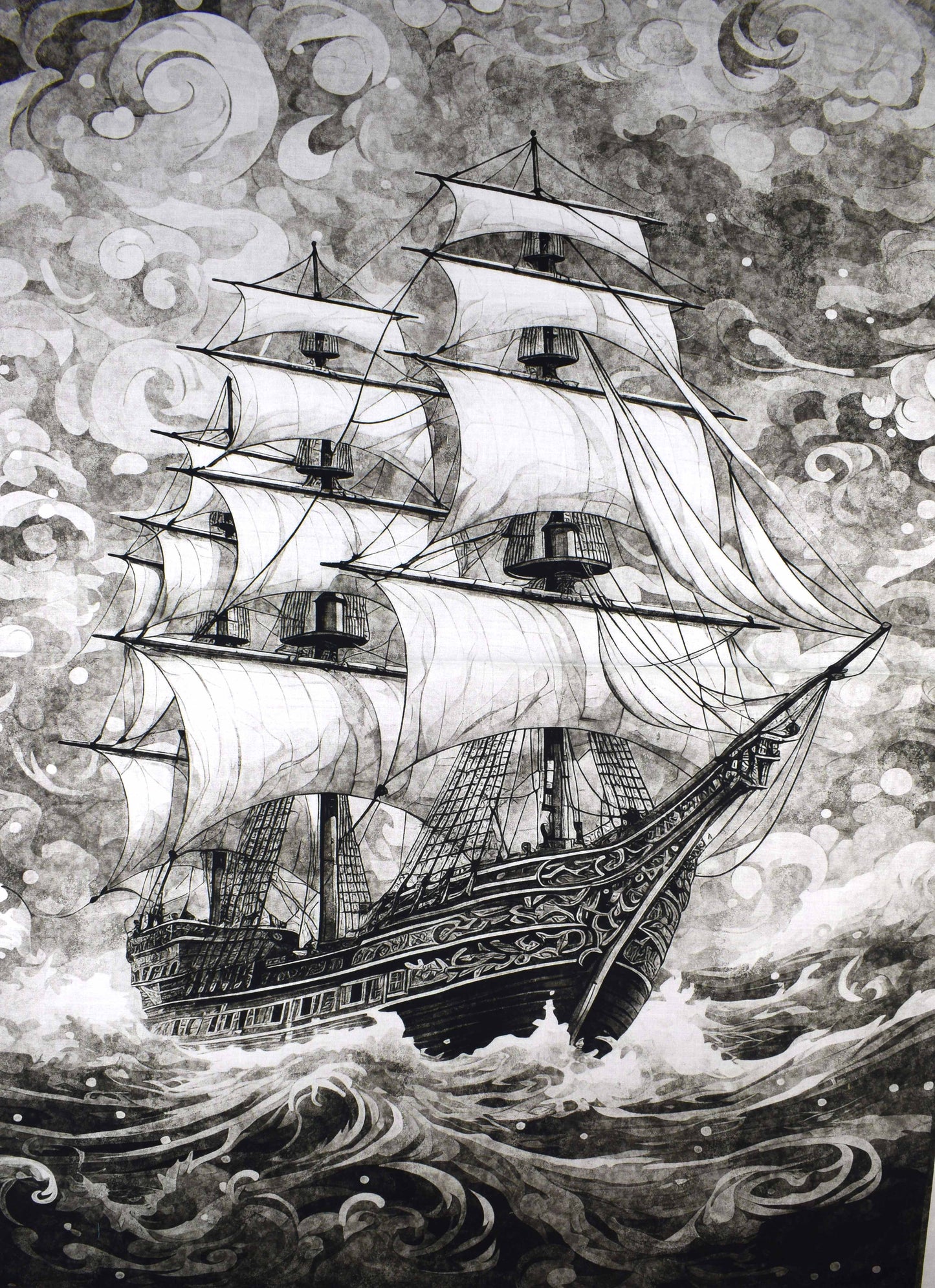 Sailing ship Panel Cotton Fabric, Quilting Panel, Ocean Blue