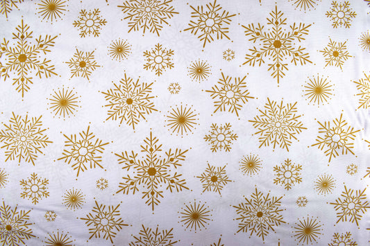 White Snowflake fabric, Christmas Quilting fabric, metallic gold snowflakes - price by the half metre - The Quilt Sanctuary