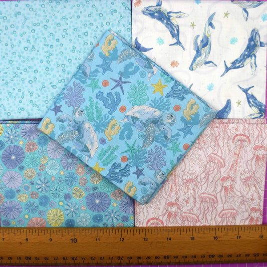Hidden Tides Sea Life Fat Quarter Bundle – Turtles, Whales, Jellyfish, quilting fabric