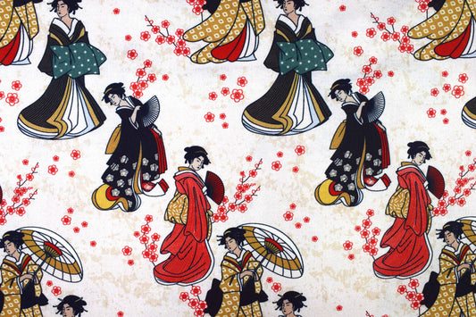 Cream Japanese Geisha Quilting fabric, cotton fabric, Kimono and Koi - Price by the Half Metre - The Quilt Sanctuary