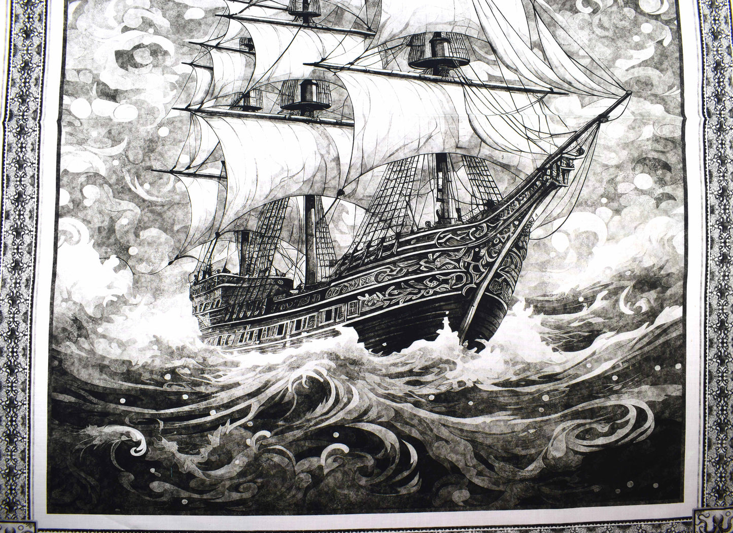 Sailing ship Panel Cotton Fabric, Quilting Panel, Ocean Blue