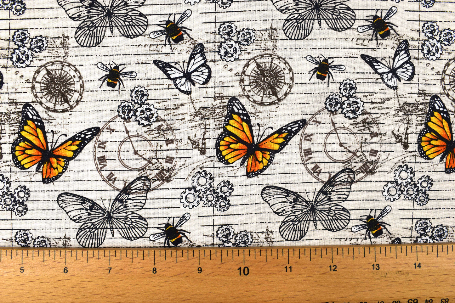 Steampunk clocks and butterflies, Cotton Quilting Fabric, - Price by the Half Metre