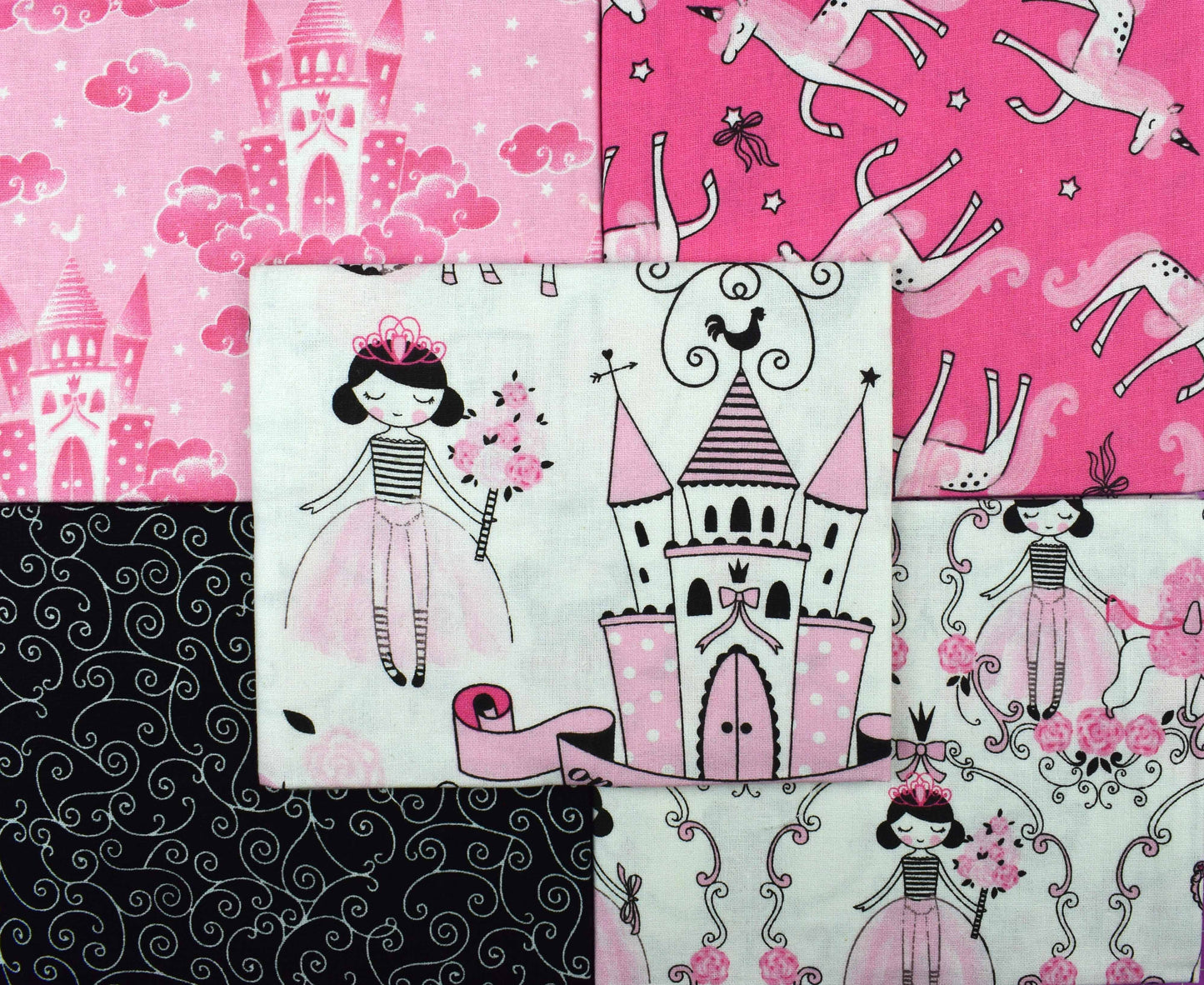 Princess Bella Fat Quarter Bundle made up of 5 Quarters of 100% cotton quilting fabric Each pack has Five different designs Each fat quarter is 18" by 21". The fabric bundle is ideal for quilting and craft projects NB, bundle will packed in the most cost effective way, so may be removed from its wrapper We also offer a bespoke long arm quilting service to finish those quilt tops. We offer edge-to-edge with a wide choice of patterns and a basting service via our website www.thequiltsanctuary.co.uk