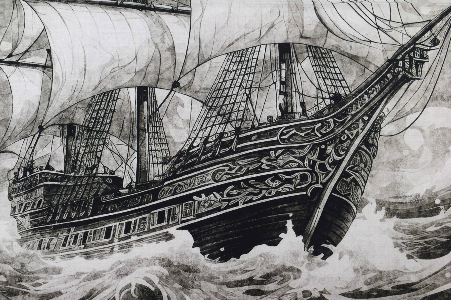 Sailing ship Panel Cotton Fabric, Quilting Panel, Ocean Blue
