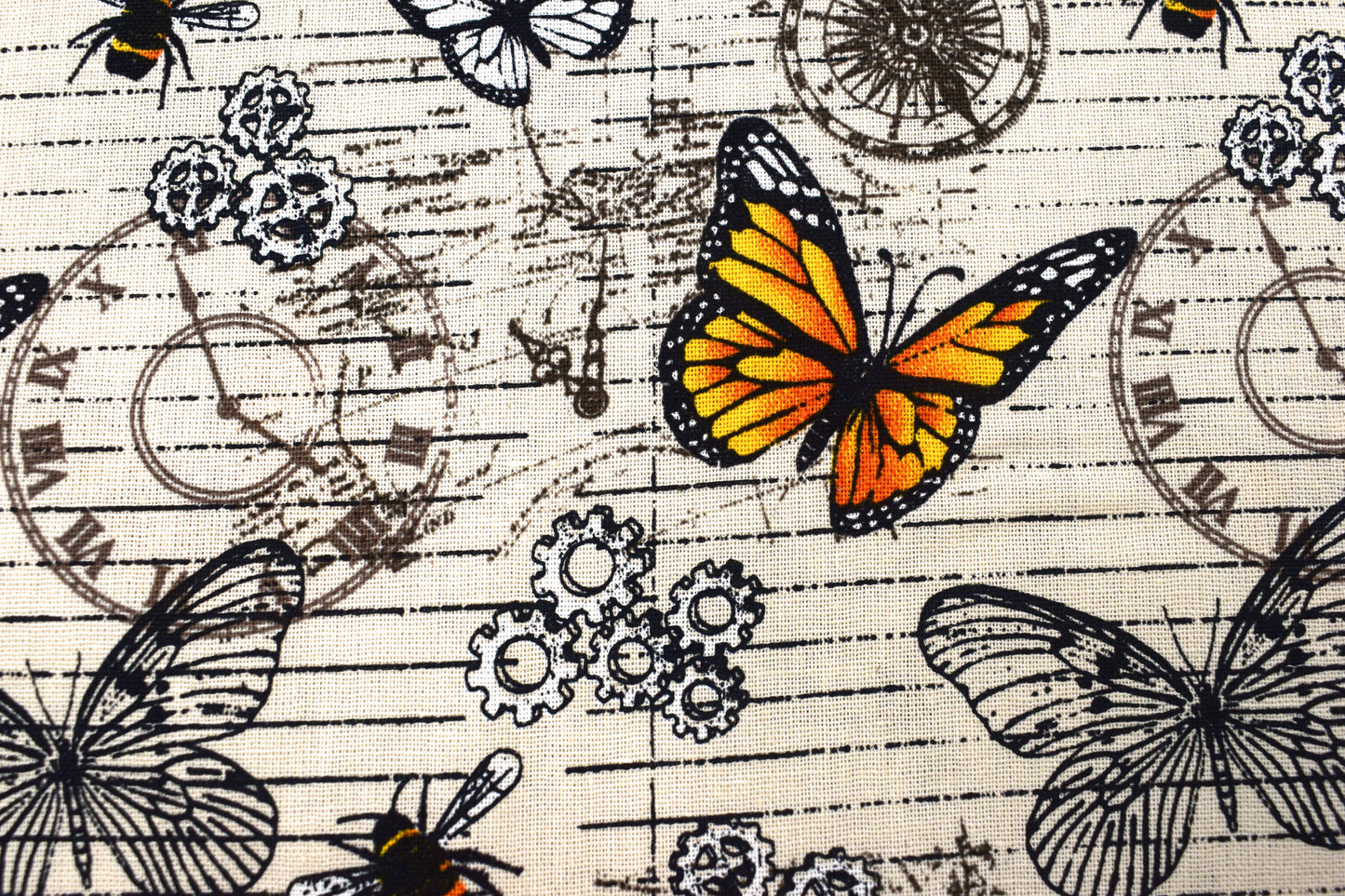 Steampunk clocks and butterflies, Cotton Quilting Fabric, - Price by the Half Metre