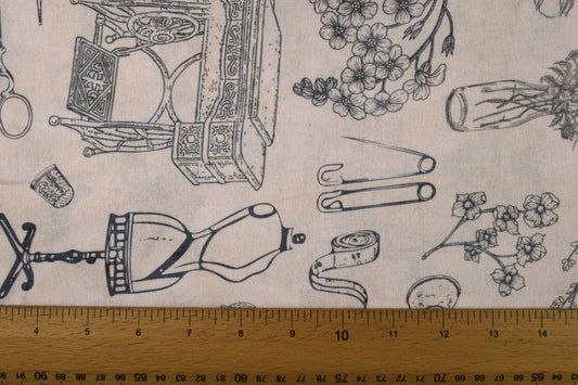 Sewing Room extra wide Quilting fabric, Sewing motif pattern, cotton fabric - Price by the Half Metre - The Quilt Sanctuary