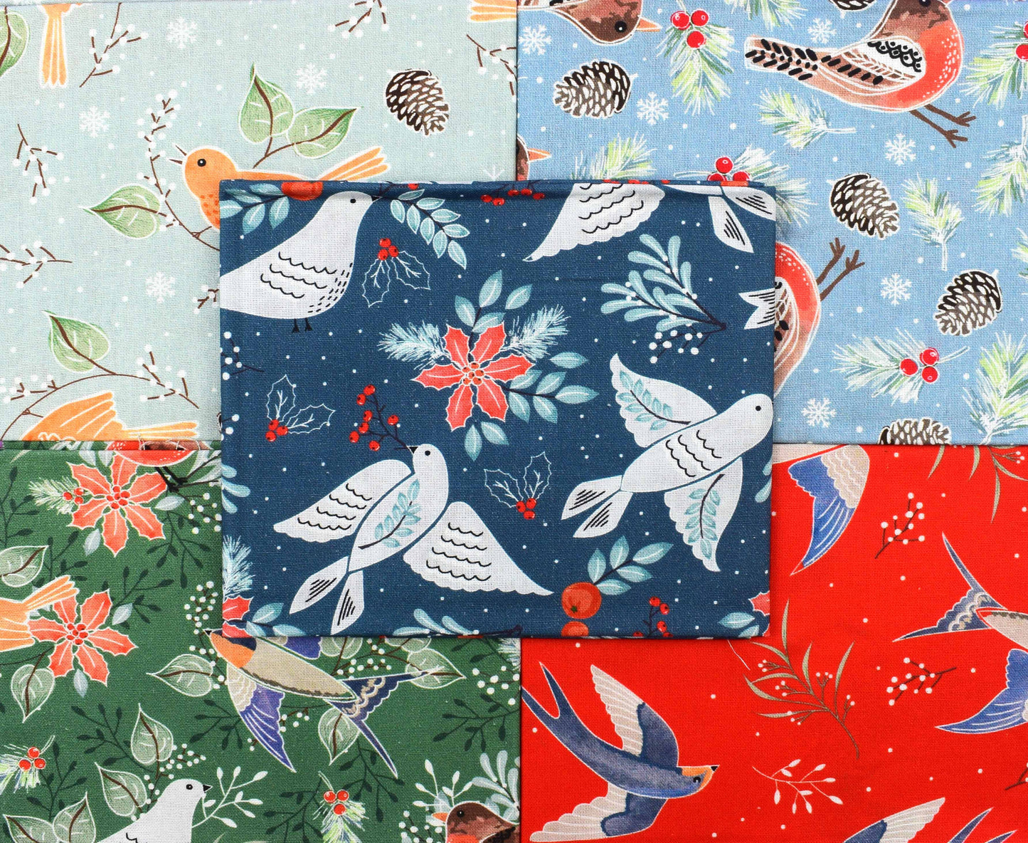 Christmas birds fat Quarter Bundle, Cotton Quilting Fabric - The Quilt Sanctuary