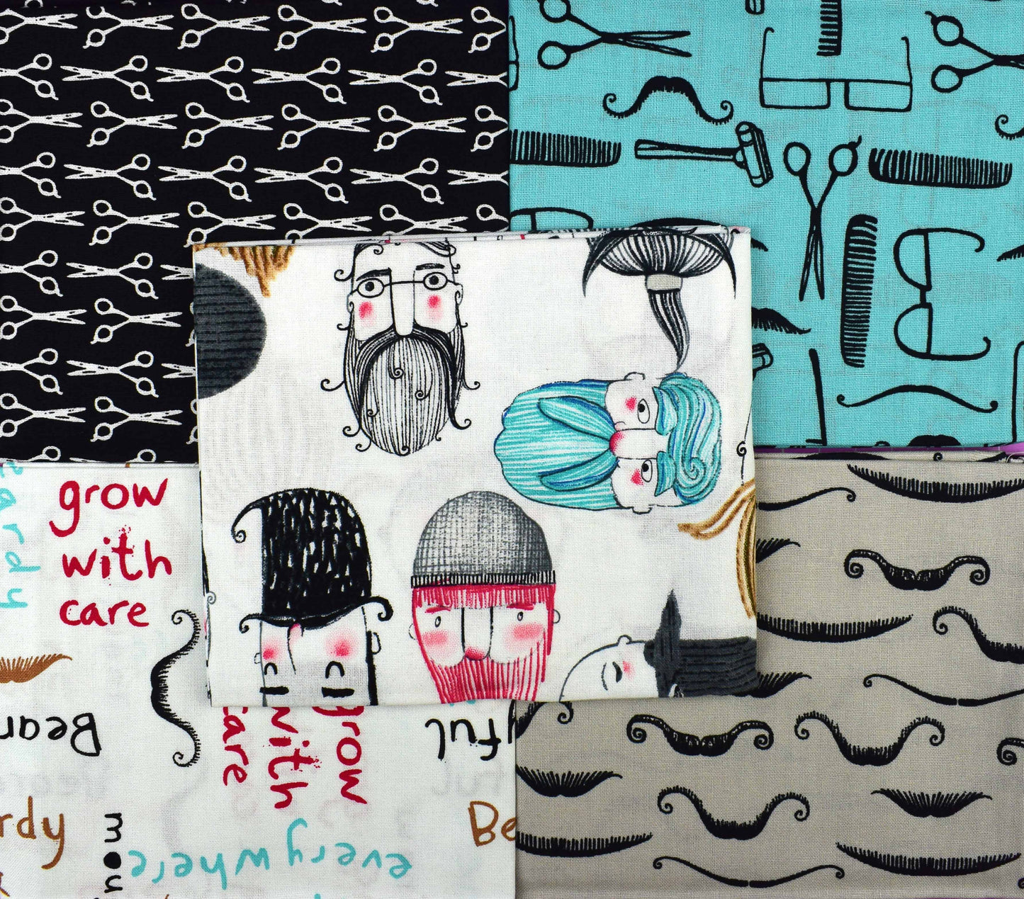 hipster fat Quarter Bundle, Cotton quilting fabric, bearded gentlemen - The Quilt Sanctuary