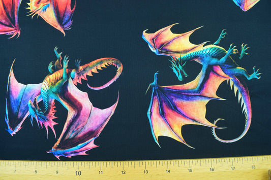 Dragon Quilting Fabric, Cotton, Multi-Coloured Dragons - Price by the Half Metre