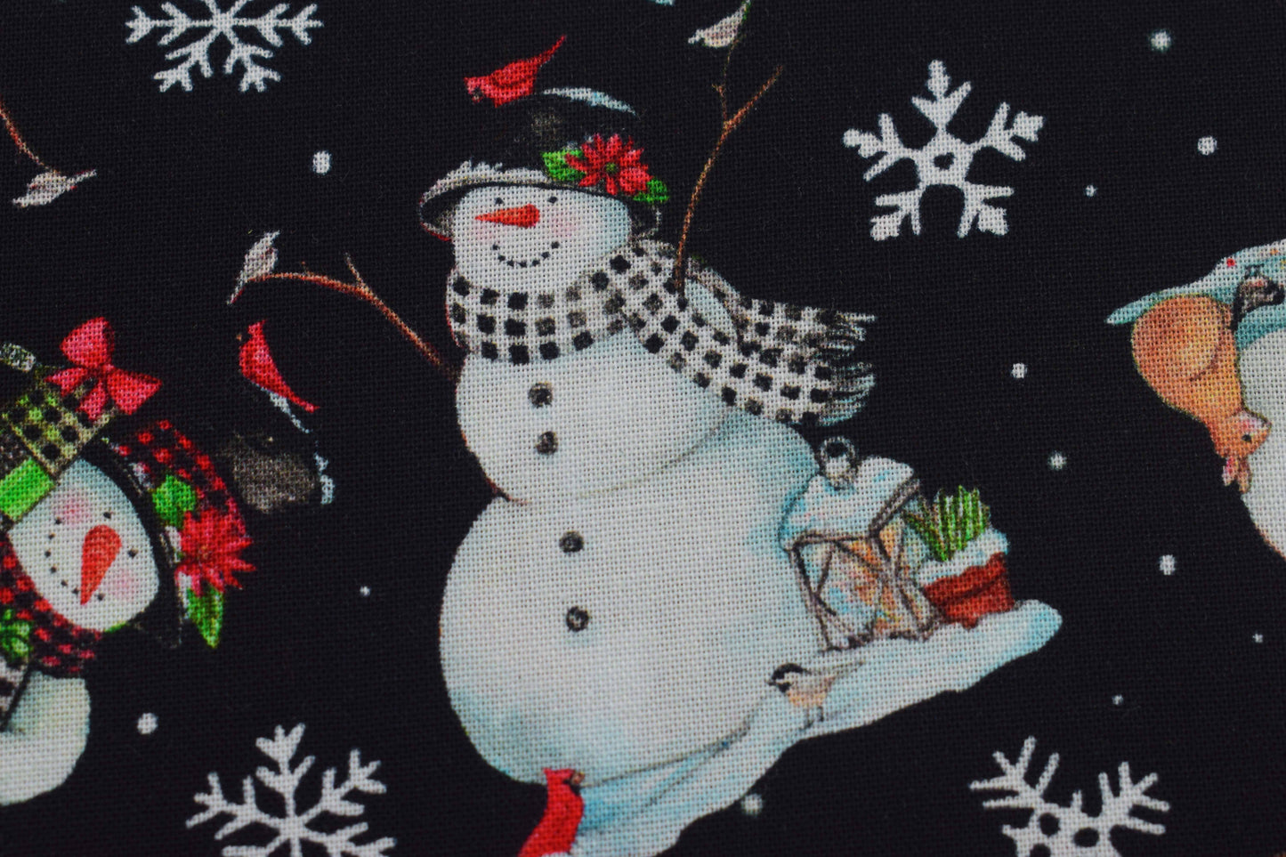Snowman Christmas cotton fabric with gifts, animals and winter accents - Price by Half Metre