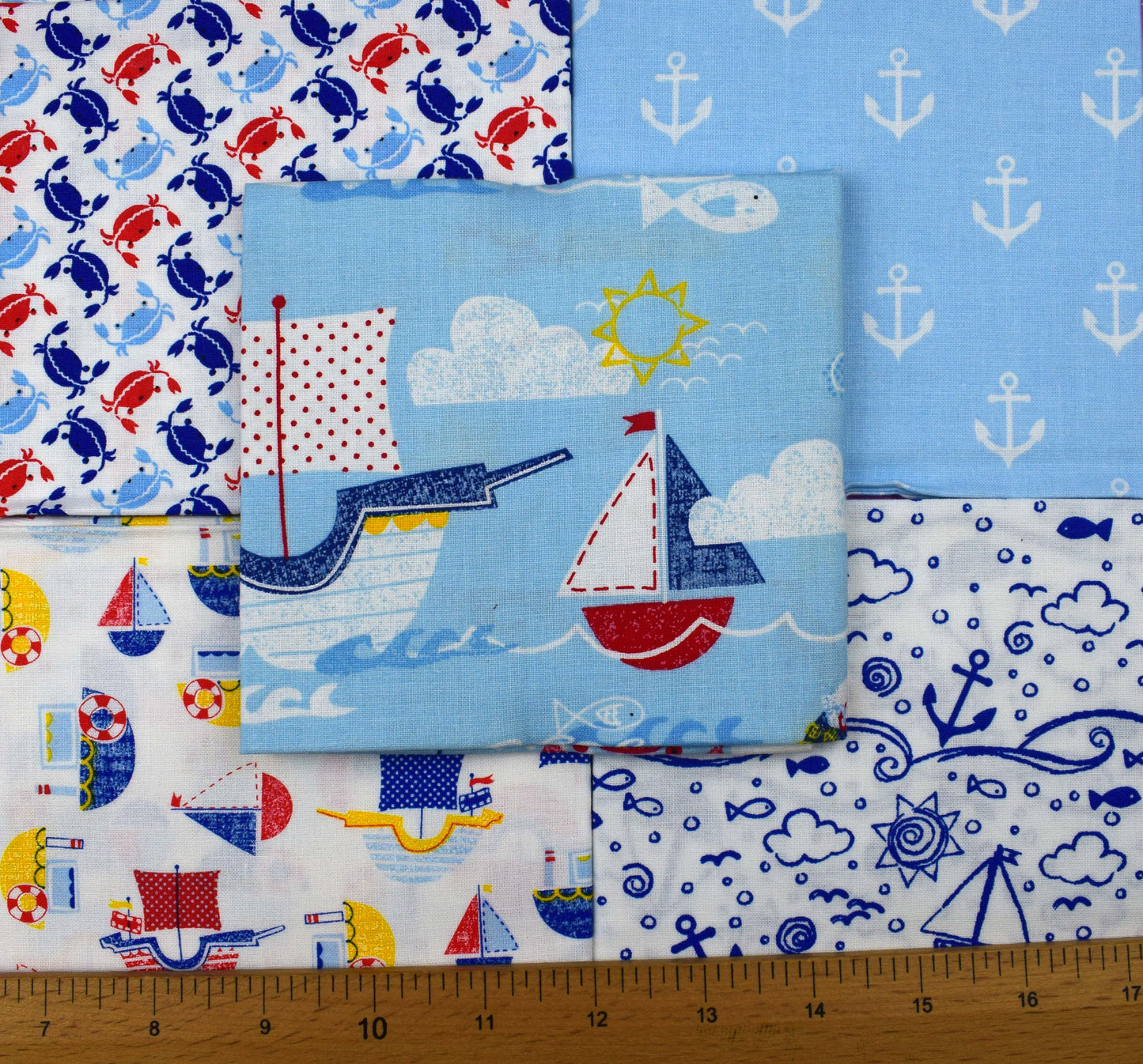 seaside fat Quarter Bundle, summer fabric, quilting fabric, crab fabric, sailing boats