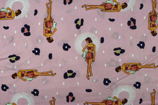 Retro Pin-Up Girl Fabric, Pink Kitsch Leopard Print Cotton - Price by the Half Metre