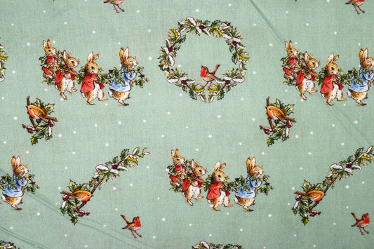 Green Peter Rabbit quilting fabric, Peter Rabbit, Beatrix Potter, holly and Ivy - Price by the Half Metre - The Quilt Sanctuary