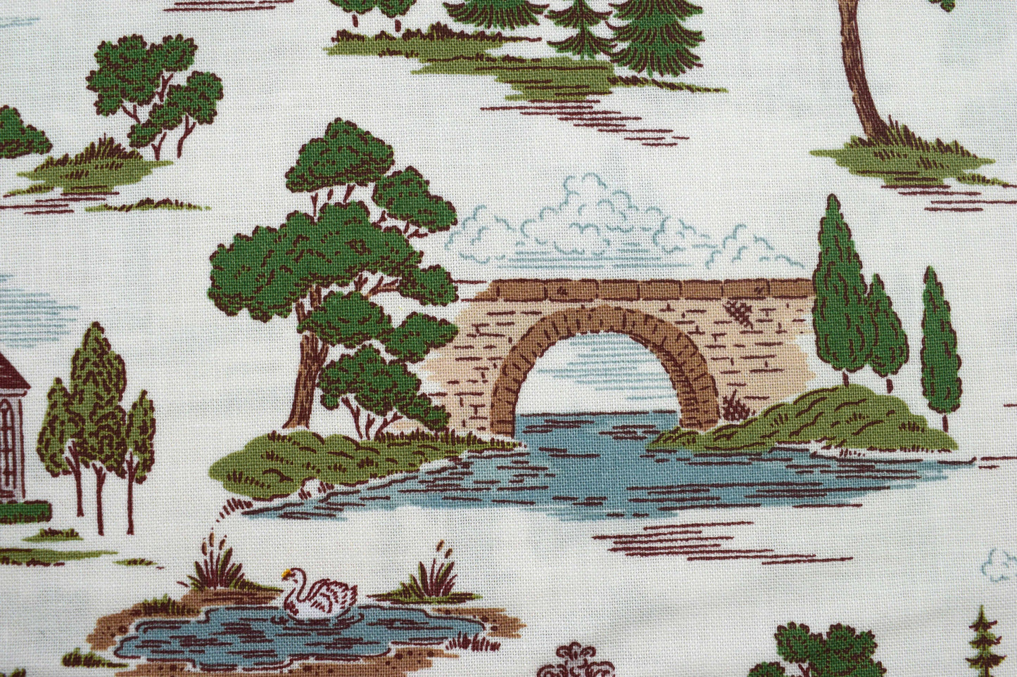 Northanger Abbey cotton fabric with vintage architecture & countryside print - Price by Half Metre