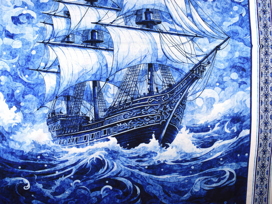Blue Sailing Ship Quilting Panel, cotton panel, Ocean Blue - The Quilt Sanctuary
