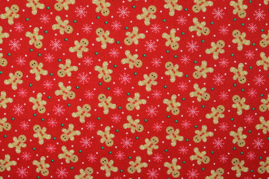 Gingerbread Men Christmas Cotton Quilting Fabric, Red Holiday Print - Price by the Half Metre - The Quilt Sanctuary