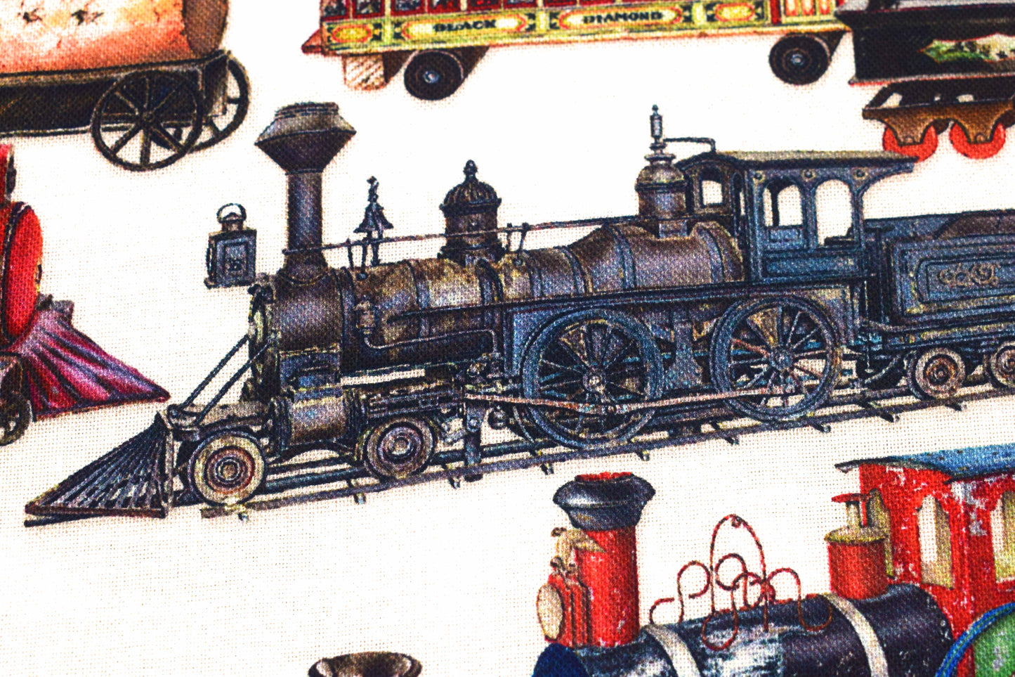 Cream Vintage Toy Trains Cotton Quilting Fabric - Robert Kaufman - Price by Half Metre