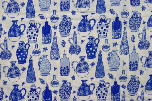 Blue Grecian Vase and Floral Print Quilting Fabric - Price by Half Metre