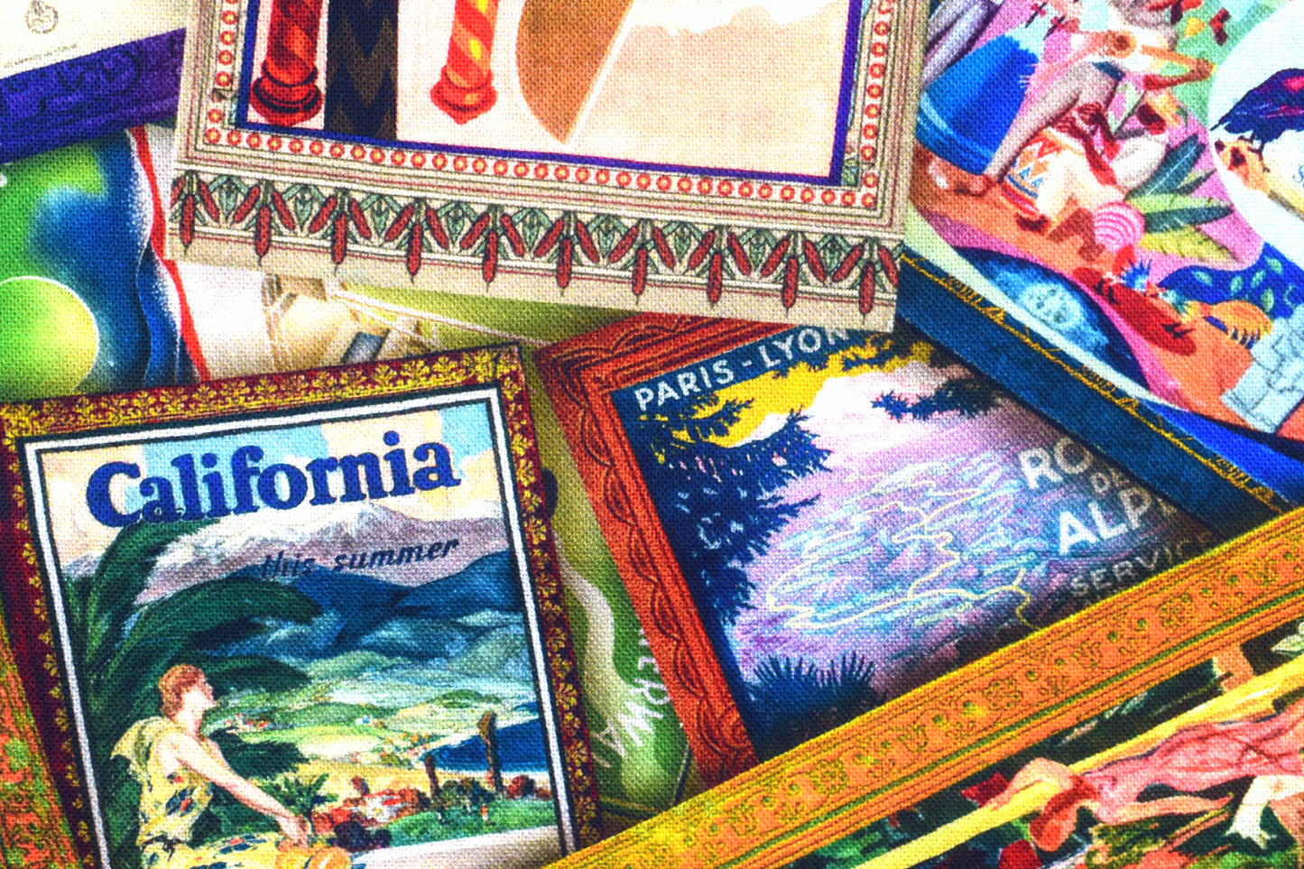 Travel quilting fabric, Vintage Travel stickers, Cotton Fabric, Library of Rarities - Price by the Half Metre - The Quilt Sanctuary