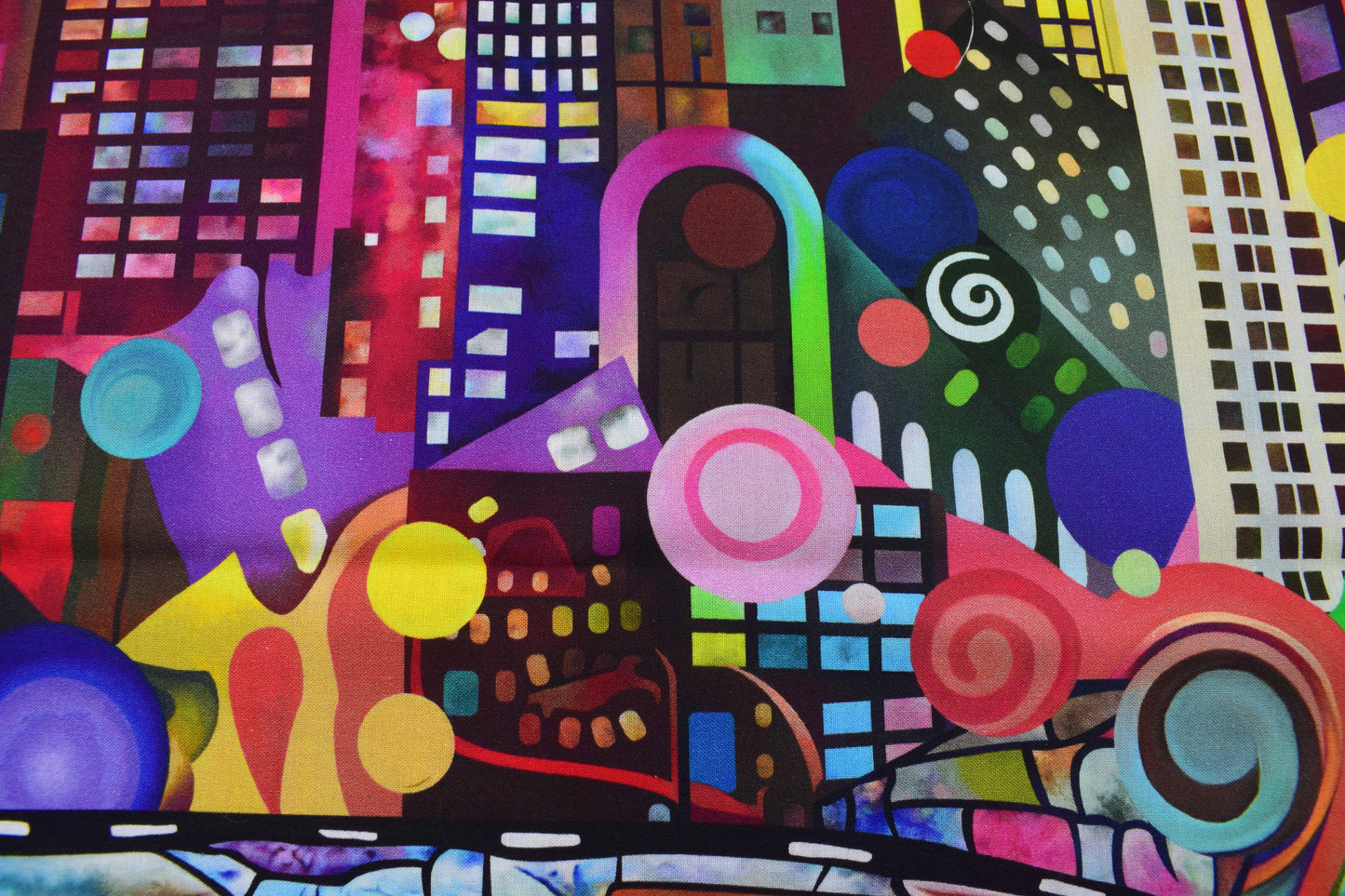 Vibrant City Skyline Quilting Panel, Colourful Abstract Metropolis Fabric Art - The Quilt Sanctuary