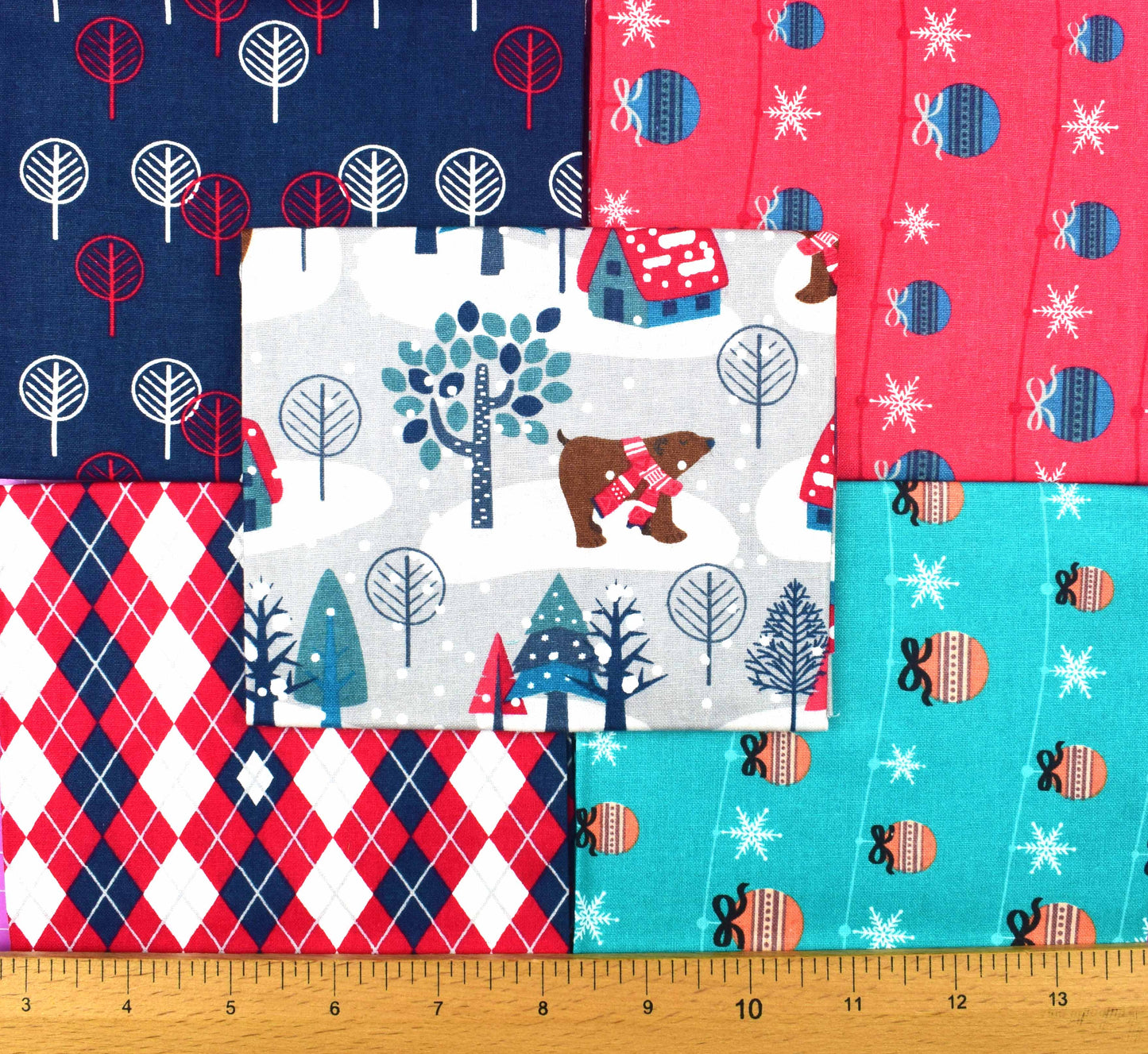 Festive Mountains fat Quarter Bundle, cotton quilting fabric, Christmas fabric