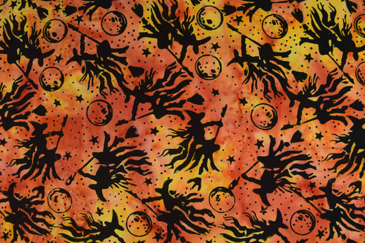 Flying Witch Halloween Batik Fabric, Fiery Orange Quilting Cotton - Price per half Metre
