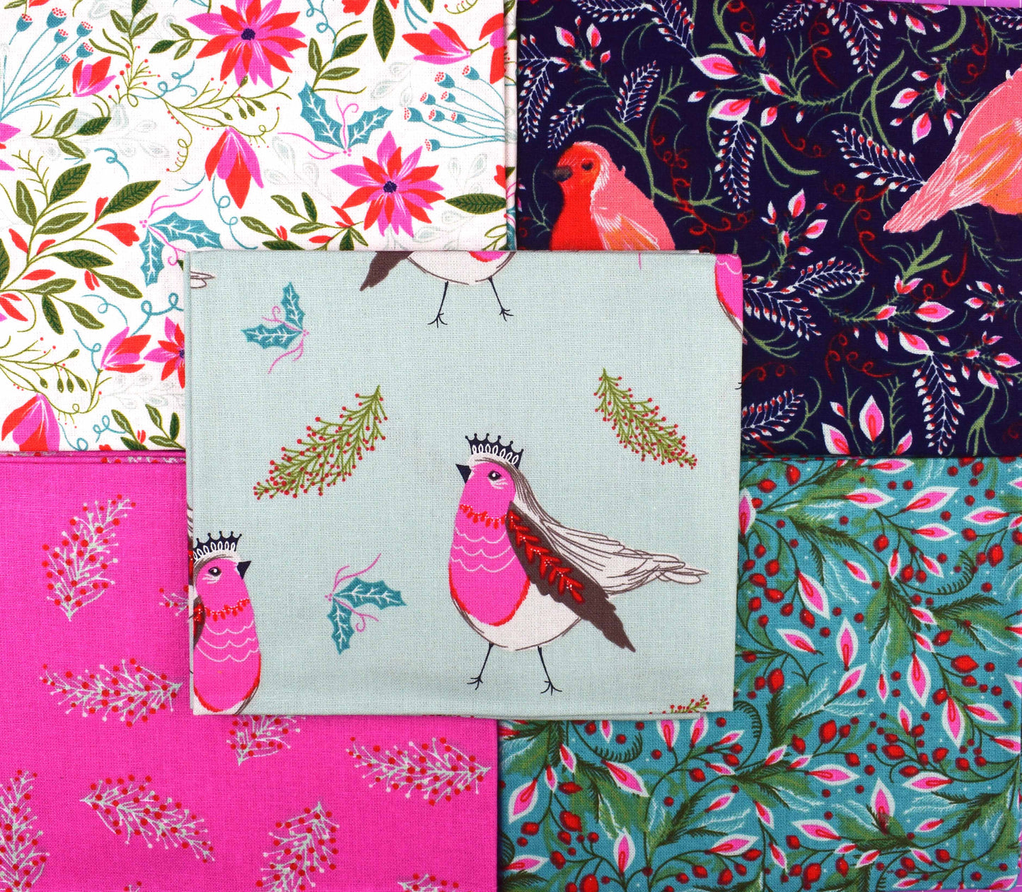 Christmas birds fat Quarter Bundle, cotton quilting fabric - The Quilt Sanctuary