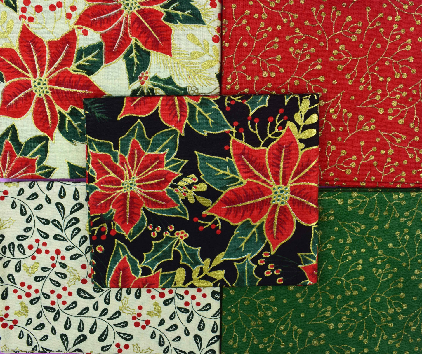 Black Poinsettia Fat Quarter Bundle, Quilting Fabric, Cotton Christmas Fabric, metallic fabric - The Quilt Sanctuary