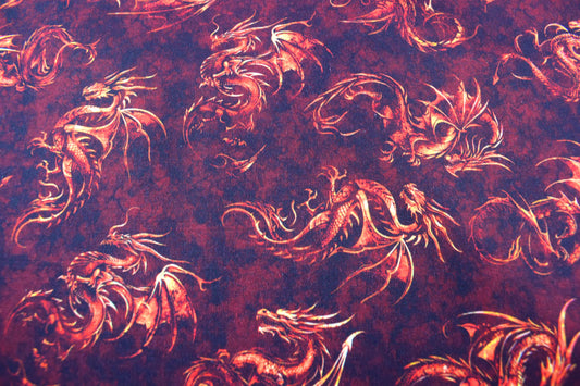 Dragon Print Quilting Fabric in Burgundy Cotton - Price by the Half Metre - The Quilt Sanctuary