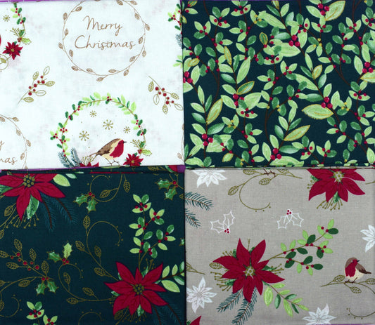 Traditional Christmas Poinsettia Fat Quarter Bundle, Quilting Fabric, Cotton Christmas Fabric - The Quilt Sanctuary