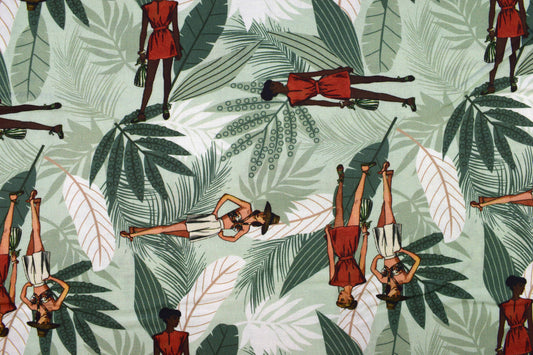 Sunset Safari Tropical Fabric, Retro Fashion Ladies & Jungle Palm - Price by Half Metre