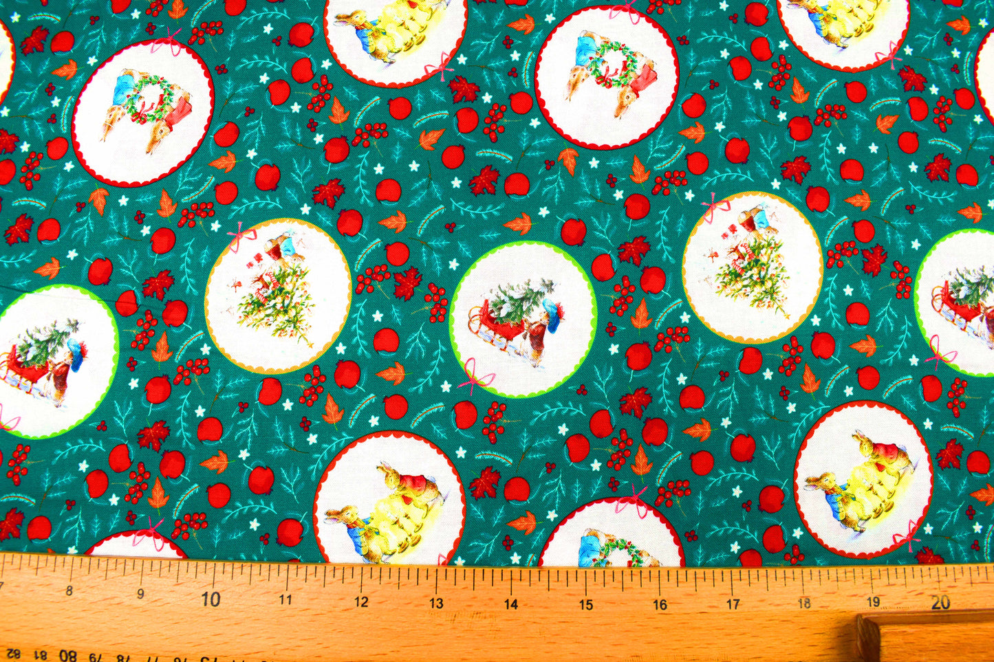 Green Peter Rabbit Christmas Fabric - Christmas Scenes & Characters- Price by the Half Metre