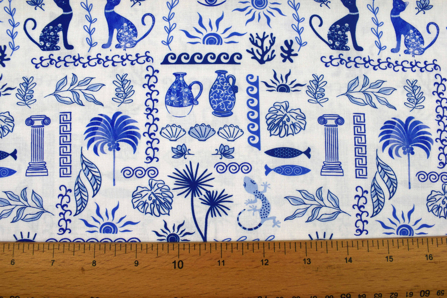 Blue Greek Mosaic Cats & Motifs Quilting Fabric - Price by Half Metre