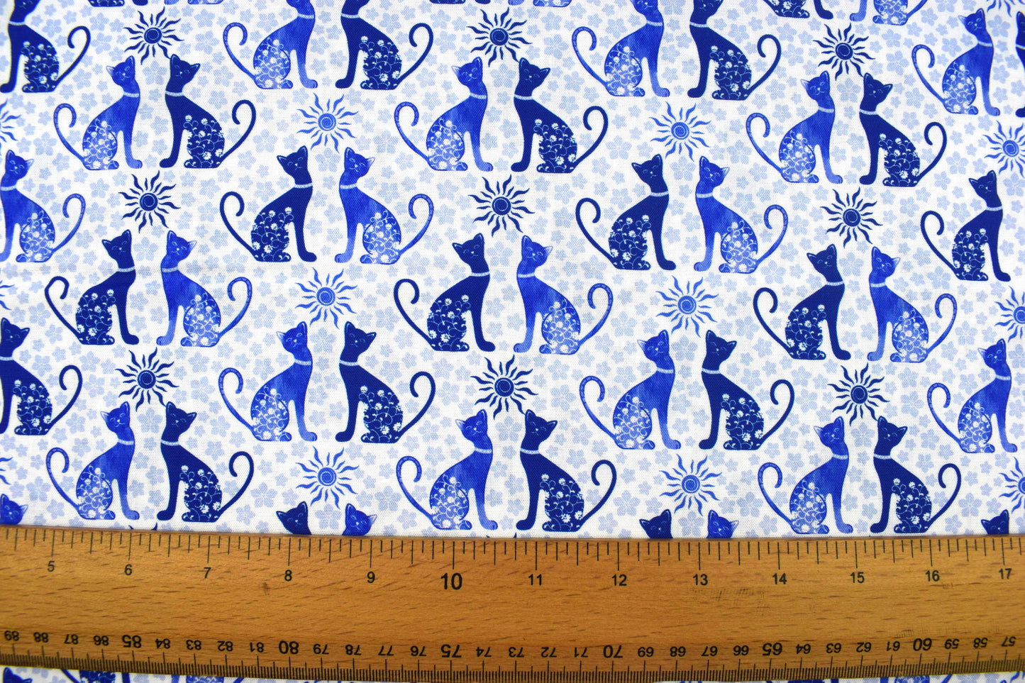 Blue Feline Cat and Sun Motif Quilting Fabric - Price by Half Metre