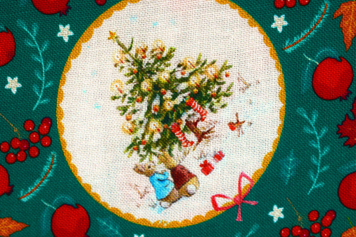 Green Peter Rabbit Christmas Fabric - Christmas Scenes & Characters- Price by the Half Metre