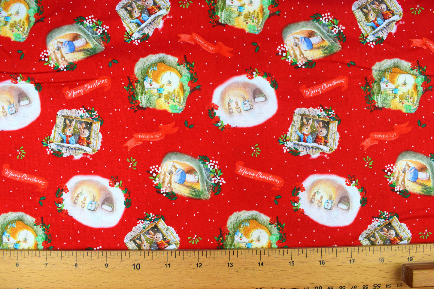 Charming Christmas Peter Rabbit Quilting Fabric in Red Design - Price by the Half Metre
